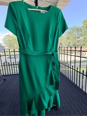 Calvin Klein Emerald Green Short-Sleeve Tie-Waist Ruffle Dress